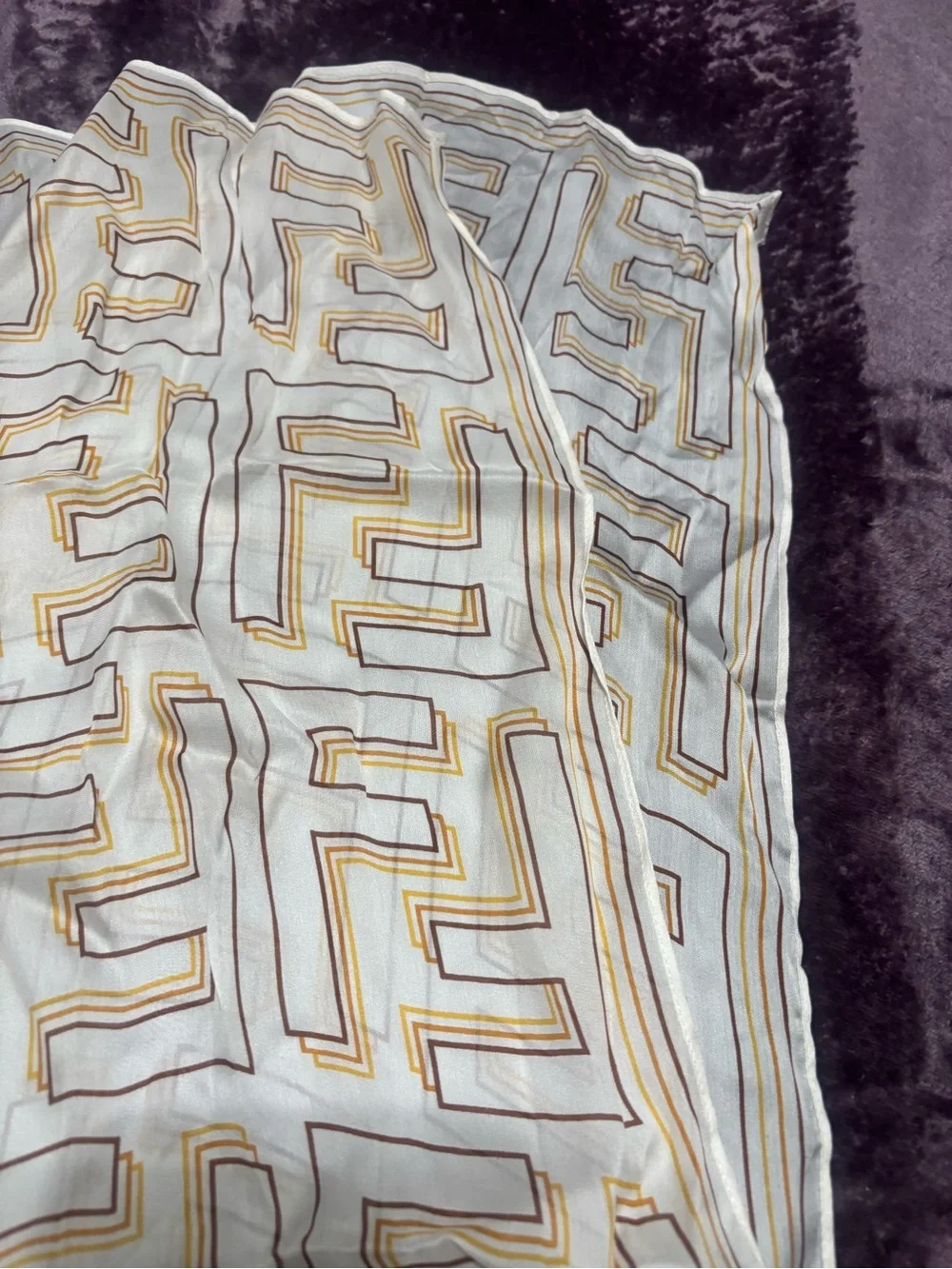 Fendi White Scarf with Yellow and Brown Geometric Motif